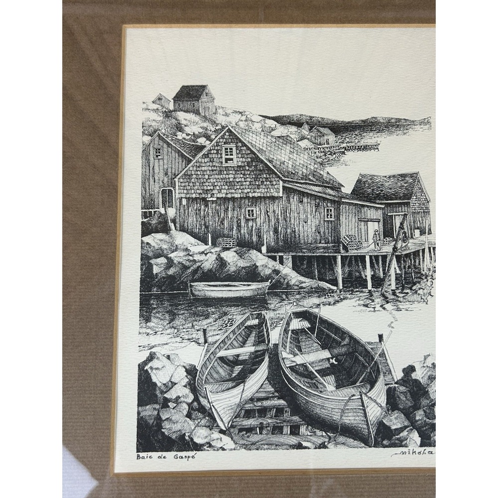 Black And White Etching "Baie de Gaspe" by Mikola Framed Picture - Picture 3 of 16